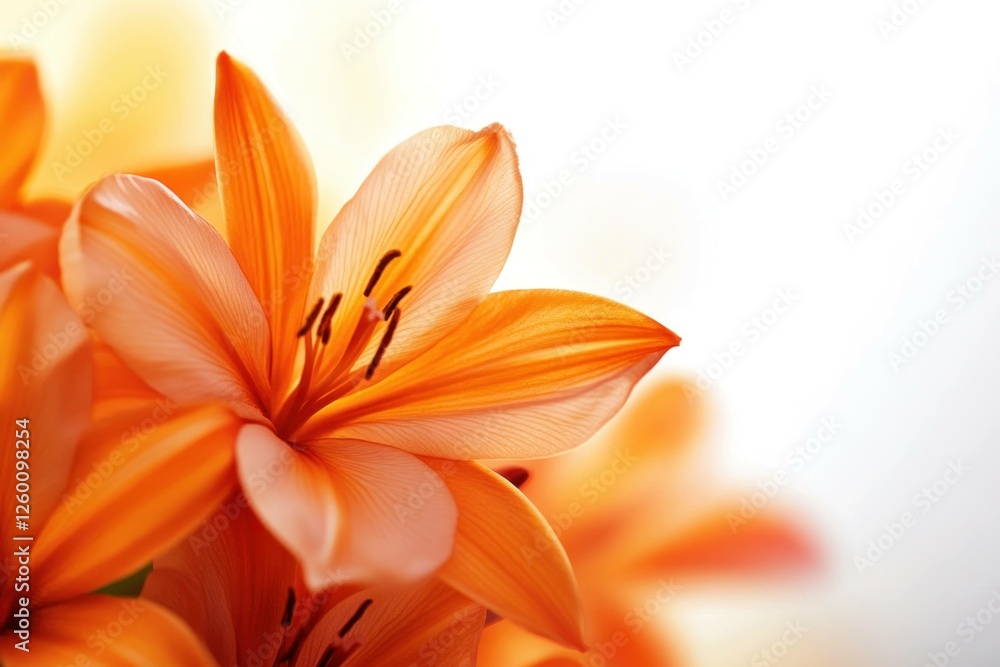 Vibrant orange lily flowers in soft focus, showcasing their delicate petals, rich orange color, and intricate details against a blurred background