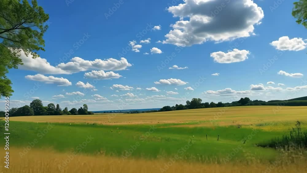 Beautiful blue sky with fluffy clouds over a vibrant green field Beautiful blue sky with fluffy clouds over a vibrant green field