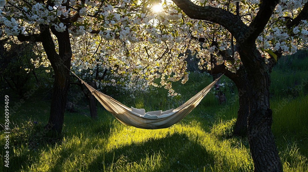 Obraz premium Hammock tied between two blooming trees in a spring orchard. The tranquil setting invites relaxation in a peaceful natural environment. Generative AI