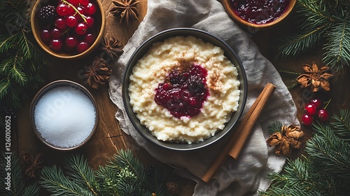 An overhead flat-lay composition of a bowl of Mannagrynsgröt, surrounded by ingredients like cinnamon sticks, sugar, lingonberry jam, and fresh berries, styled on a textured linen cloth,