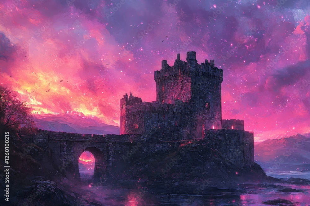 Fototapeta premium Majestic castle against a vibrant sunset over a tranquil lake in a mystical landscape