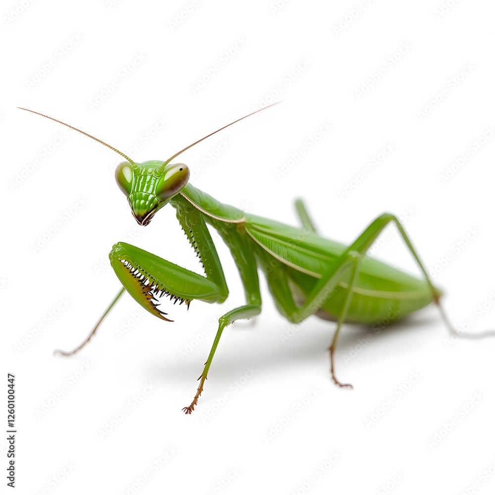 Green praying mantis posing, studio shot, white background, insect illustration Green praying mantis posing, studio shot, white background, insect illustration