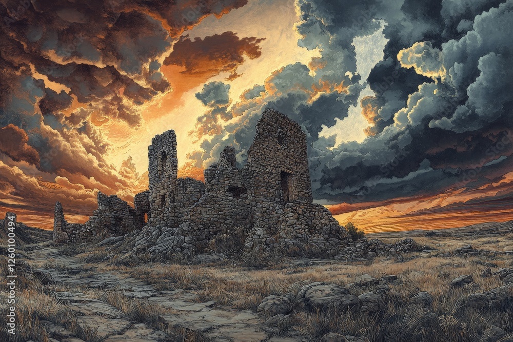 Fototapeta premium Ruins of an ancient stone structure under a dramatic sunset sky with vibrant clouds over a grassy landscape
