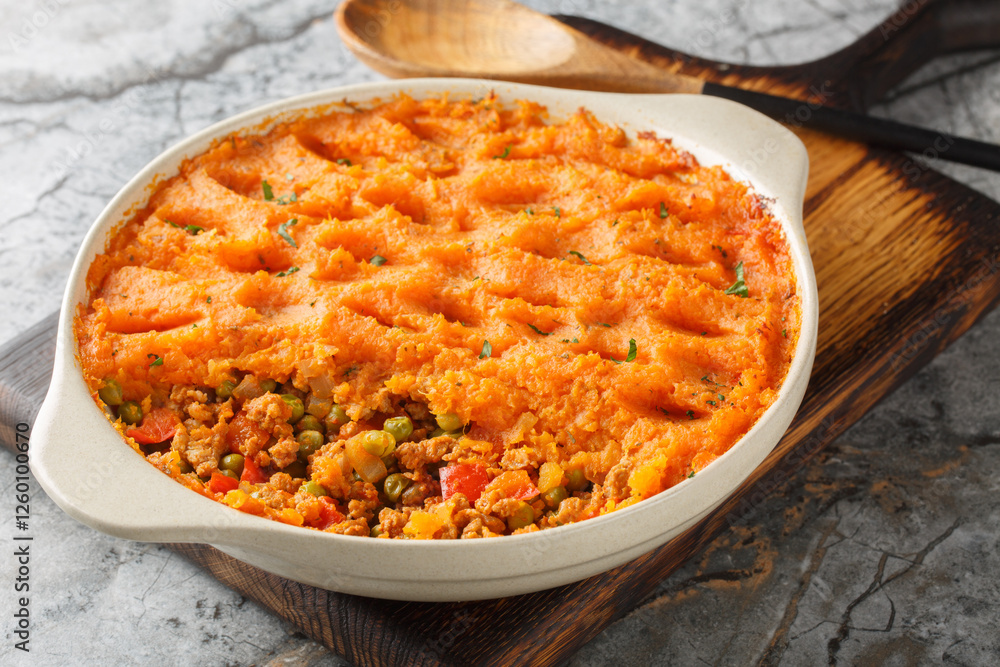 Sweet potato shepherd's pie with ground turkey, green peas, onions, peppers and tomatoes close-up in a baking dish on a wooden board. Horizontal