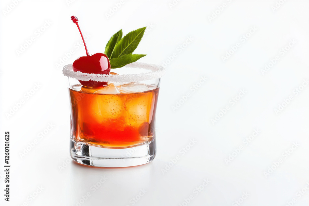A refreshing cocktail served with ice, cherry, and garnish on a white background. isolated on white background. A refreshing cocktail served with ice, cherry, and garnish on a white background. isolated on white background.