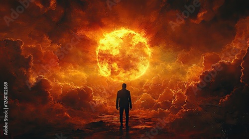 facing my faith man standing in front of sun and clouds on grunge paper background