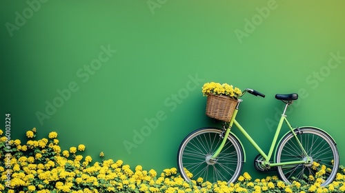 Green bicycle adorned with yellow flowers next to a vibrant wall during daytime