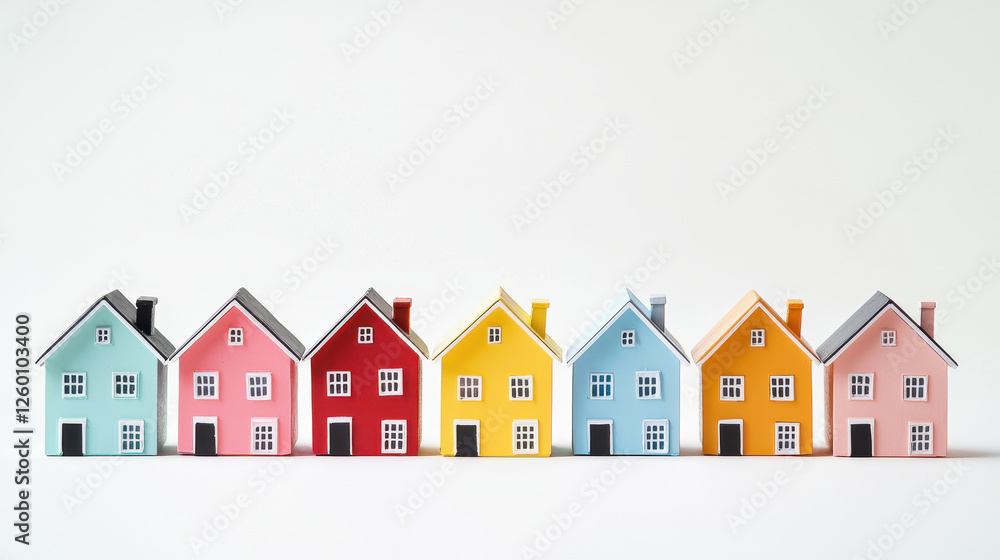 Colorful miniature houses lined up on a plain background for a charming visual appeal. Colorful miniature houses lined up on a plain background for a charming visual appeal.
