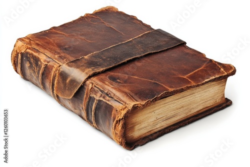 Old leather-bound book rests on a surface showcasing its weathered cover and rich texture photo