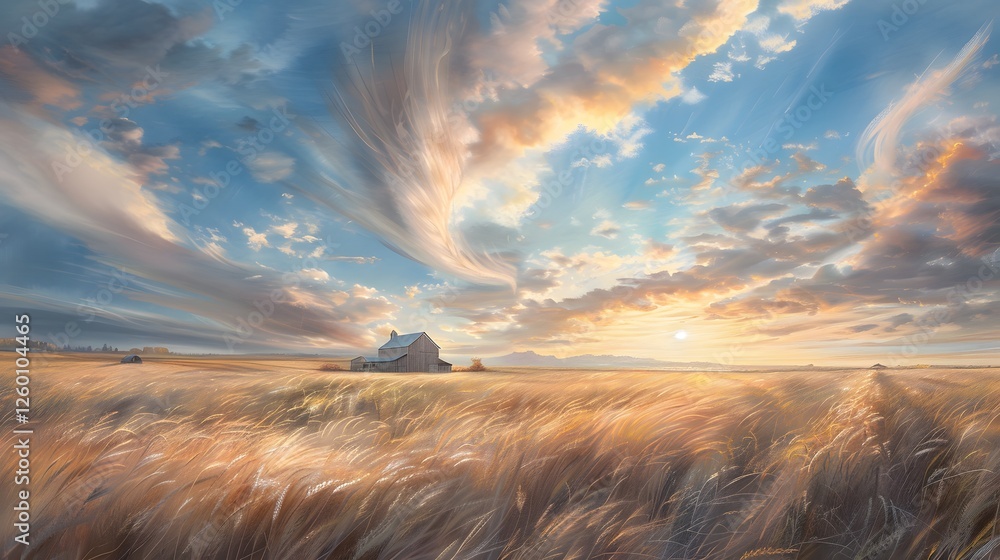 Obraz premium A golden wheat field swaying gently in the breeze under a vivid blue sky, with a rustic barn in the distance and the warm glow of sunlight enhancing the scene