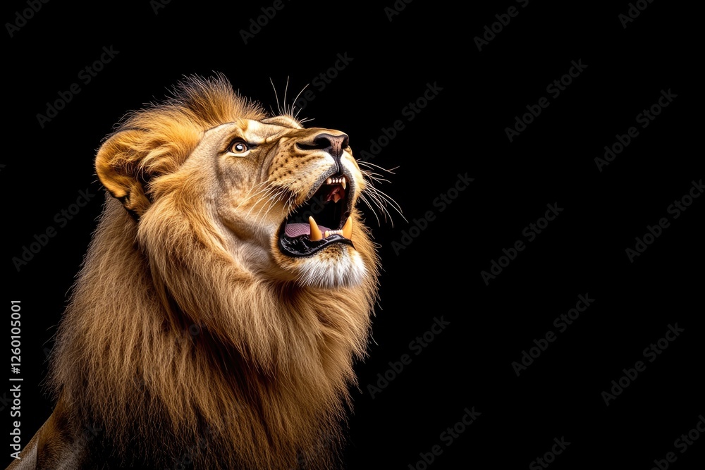 Fototapeta premium Majestic lion roaring with impressive mane, exuding strength and