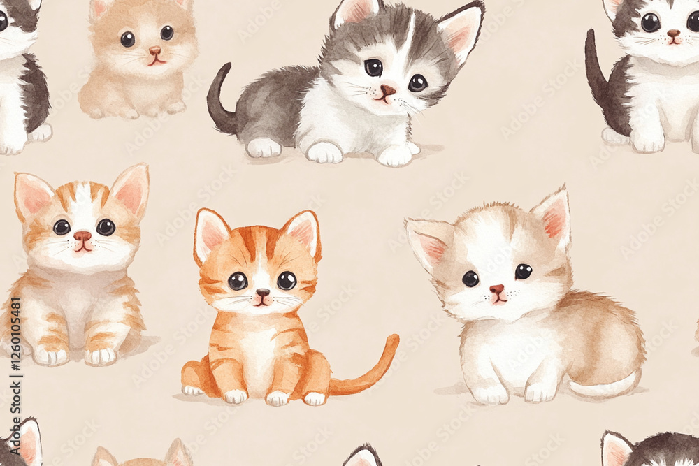 Cute pattern with kittens and puppies in watercolor style on beige background, textures, patterns Cute pattern with kittens and puppies in watercolor style on beige background, textures, patterns