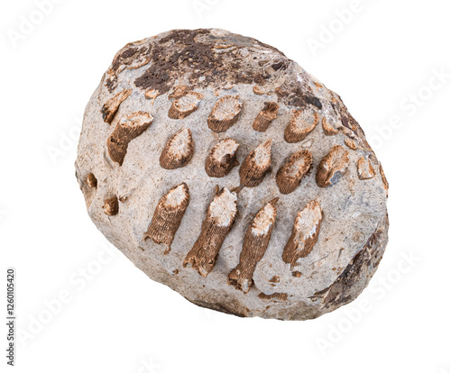 Limestone rock with fossils. Stone specimen. Sedimentary rock