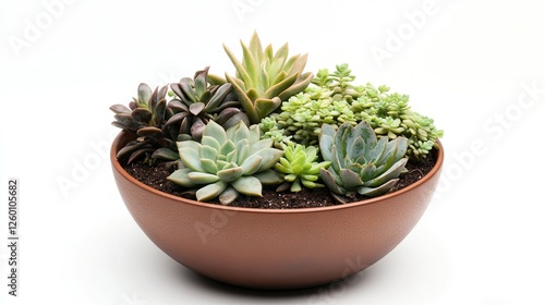 Succulent arrangement in brown bowl, white background; home d?cor photo