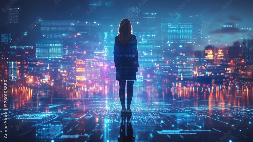 Fototapeta premium Woman Silhouette Against Digital Cityscape with Data Visualization