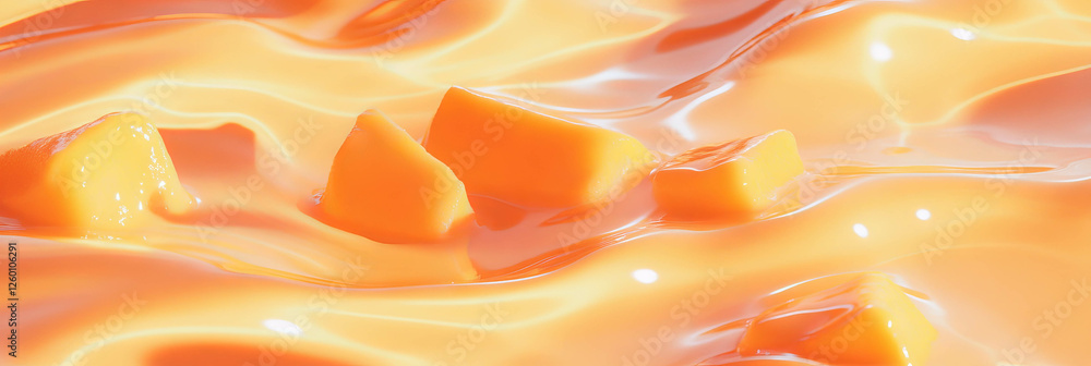 Soy milk with mango chunks creating ripples and shadows in a vibrant background setting