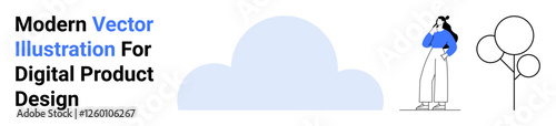 Woman standing thoughtfully with hand on head near stylized cloud and abstract tree line. Ideal for creativity, nature, minimalism, hypothetical thinking, lifestyle, focus concepts, flat landing page