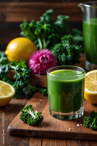 A vibrant glass of green detox juice placed on a wooden table, surrounded by fresh ingredients like kale, lemon, and ginger, with a glowing healthy aura around it.
