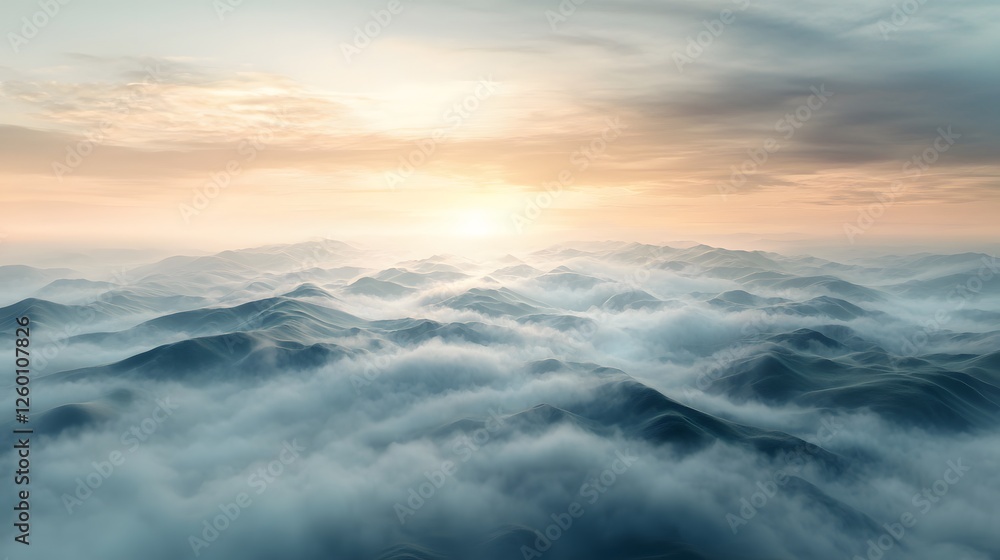 A serene aerial view of rolling hills covered in mist, with soft morning light creating a tranquil and expansive landscape A serene aerial view of rolling hills covered in mist, with soft morning light creating a tranquil and expansive landscape