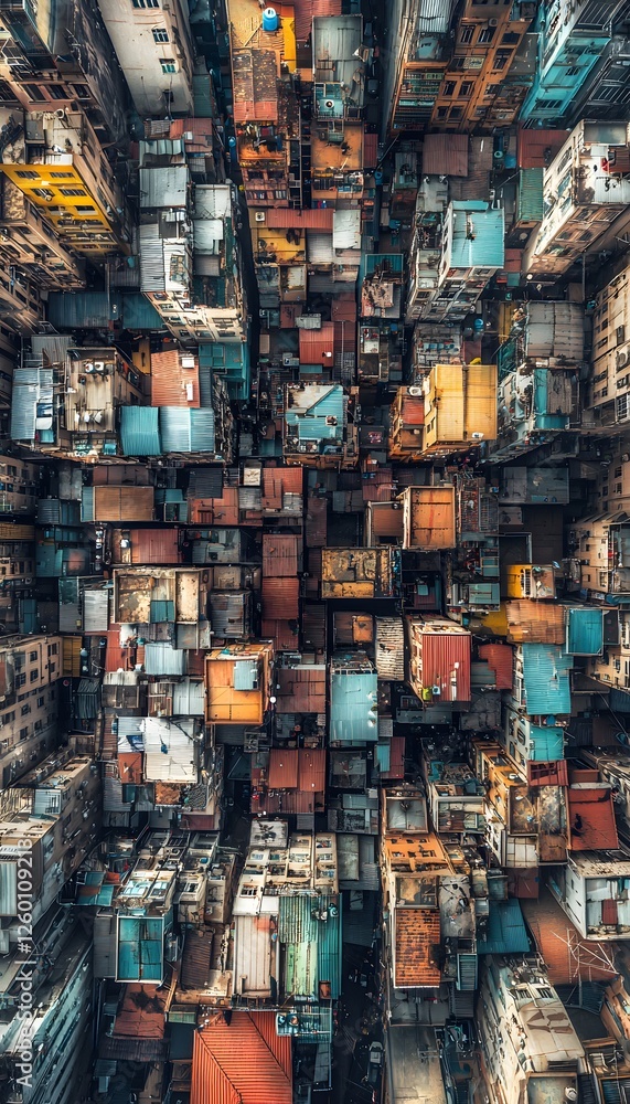 Fototapeta premium A dynamic aerial view of a densely packed urban neighborhood, with vibrant rooftops and winding streets bustling with activity
