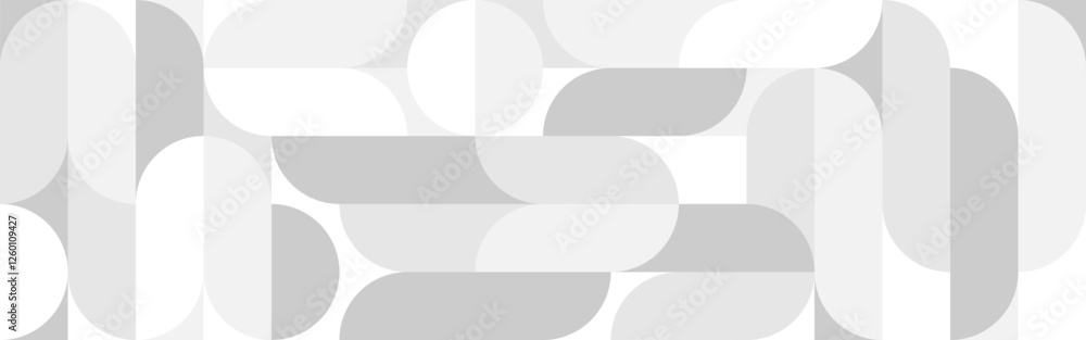 White trendy seamless background of circles and squares in modern Scandinavian style. Cover of gray geometric shapes in retro texture for wallpaper or packaging. White trendy seamless background of circles and squares in modern Scandinavian style. Cover of gray geometric shapes in retro texture for wallpaper or packaging.