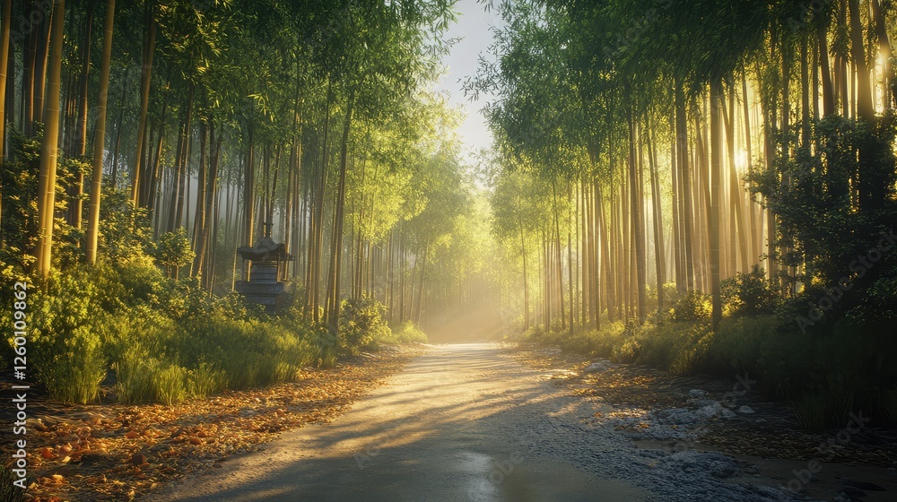 Obraz premium A bamboo forest illuminated by soft sunlight with an open, clean space perfect for adding text or logos.