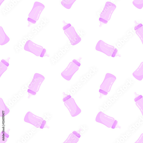 Purple baby bottles vector seamless pattern. Infant nutrition, newborn feeding, nursing background