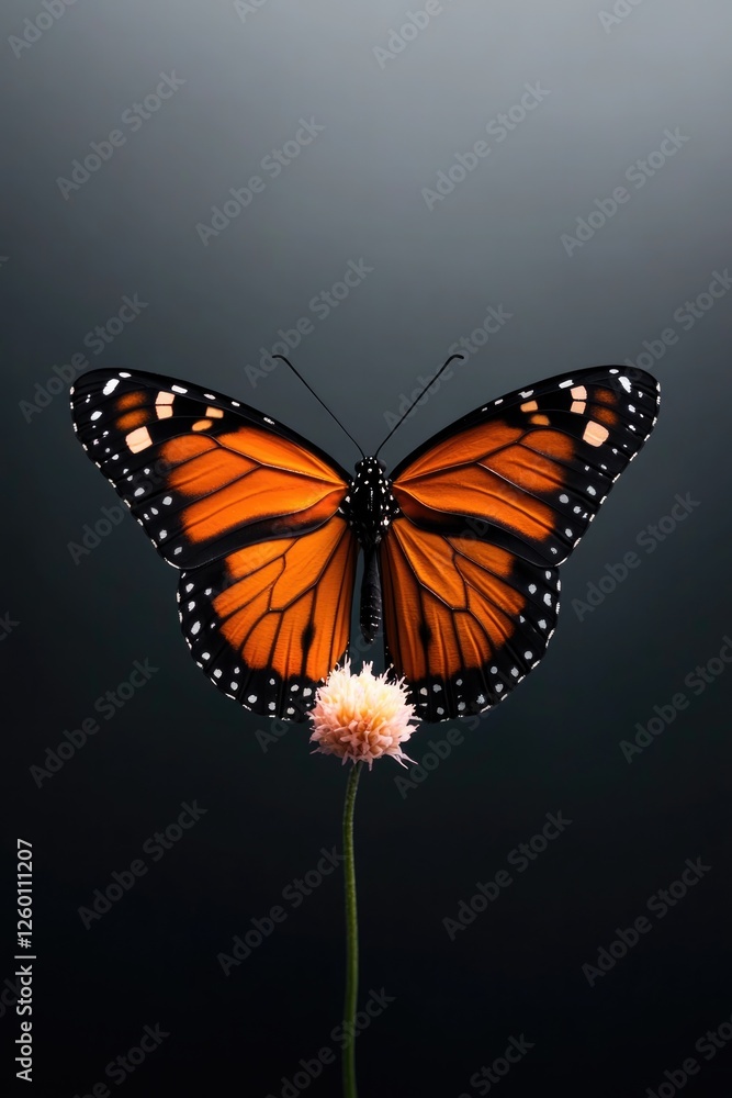 Fototapeta premium Vibrant butterfly resting on delicate flower against soft gradie