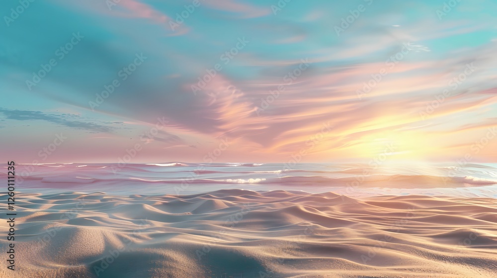 A tranquil beach scene at sunset, with smooth sand, gentle waves glowing in golden light, and soft pastel colors blending in the sky, creating a peaceful cinematic moment A tranquil beach scene at sunset, with smooth sand, gentle waves glowing in golden light, and soft pastel colors blending in the sky, creating a peaceful cinematic moment