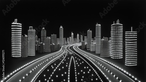 Futuristic Cityscape with Bright Lights and Retro Urban Design Elements