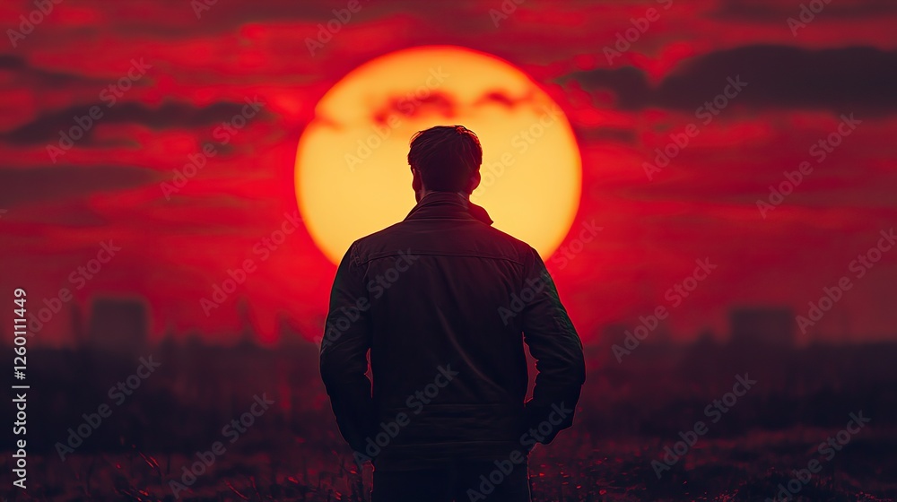 Fototapeta premium facing my faith silhouette of a man standing in front of the red sun