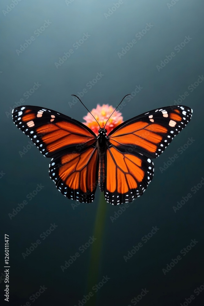 Fototapeta premium Vibrant butterfly with striking orange wings rests on delicate f
