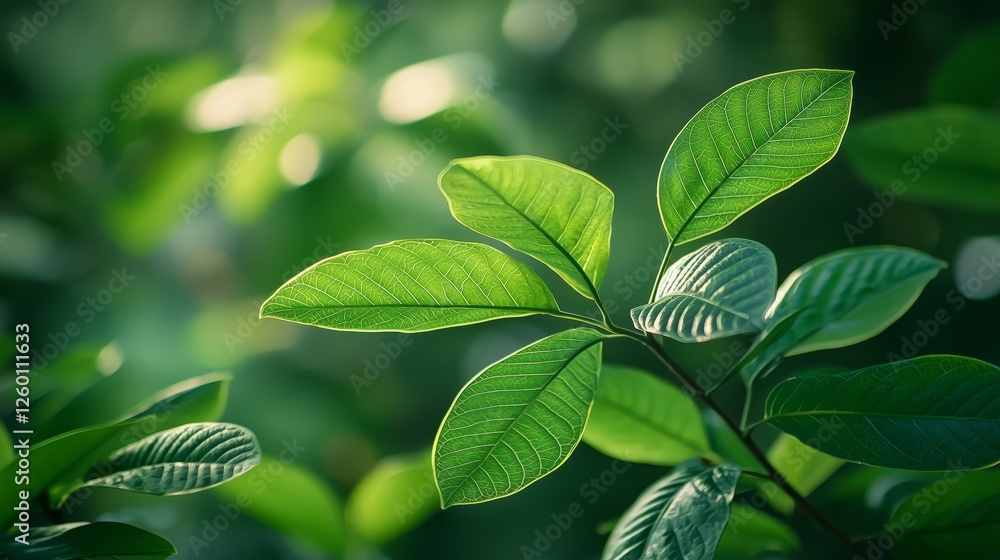 Lush Green Leaves with Natural Sunlight in a Serene Environment Lush Green Leaves with Natural Sunlight in a Serene Environment
