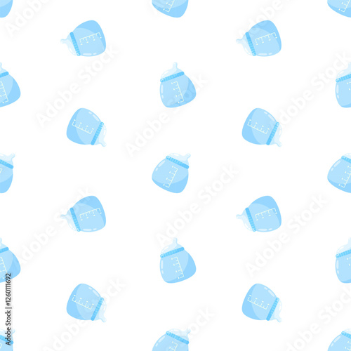 Blue baby bottles vector seamless pattern. Infant nutrition, newborn feeding, nursing background