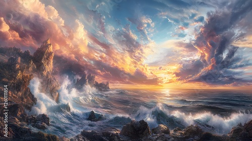 Expansive coastal cliffs glowing under a vibrant pastel sunset, dynamic waves crashing dramatically against jagged rocks, cinematic storytelling capturing nature s raw energy