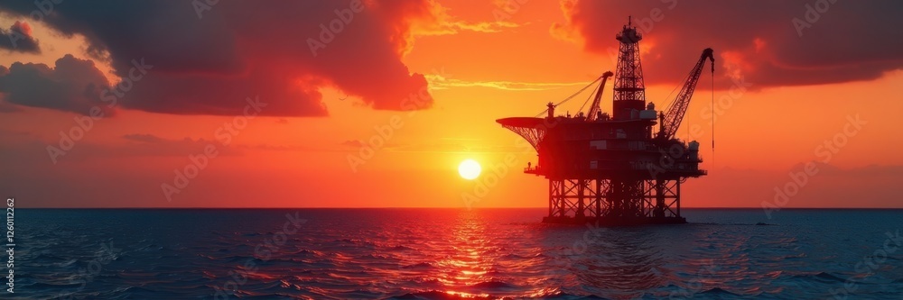 Massive offshore platform silhouetted against fiery sunset , sky, sunset sky, extraction Massive offshore platform silhouetted against fiery sunset , sky, sunset sky, extraction