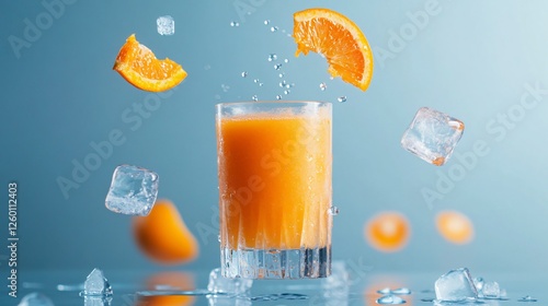 A deconstructed carrot-orange smoothie composition with floating liquid layers, suspended fruits, and ice cubes in mid-air