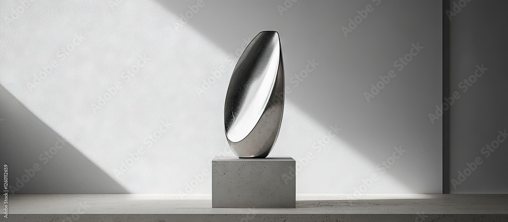 Sleek silver trophy on a concrete base positioned in light and shadow, showcasing a minimalist, elegant, and modern design aesthetic. Sleek silver trophy on a concrete base positioned in light and shadow, showcasing a minimalist, elegant, and modern design aesthetic.