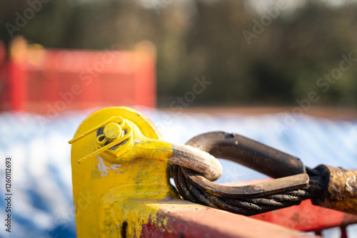 Wire rope sling and steel shackle equipment, lifting gear for lift the heavy object. Industrial equipment object, close-up and selective focus.