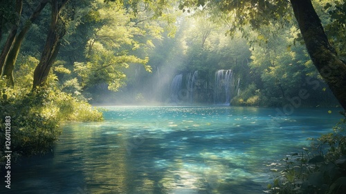 Sunlit Waterfall Pool in Lush Forest, Tranquil Nature Scene