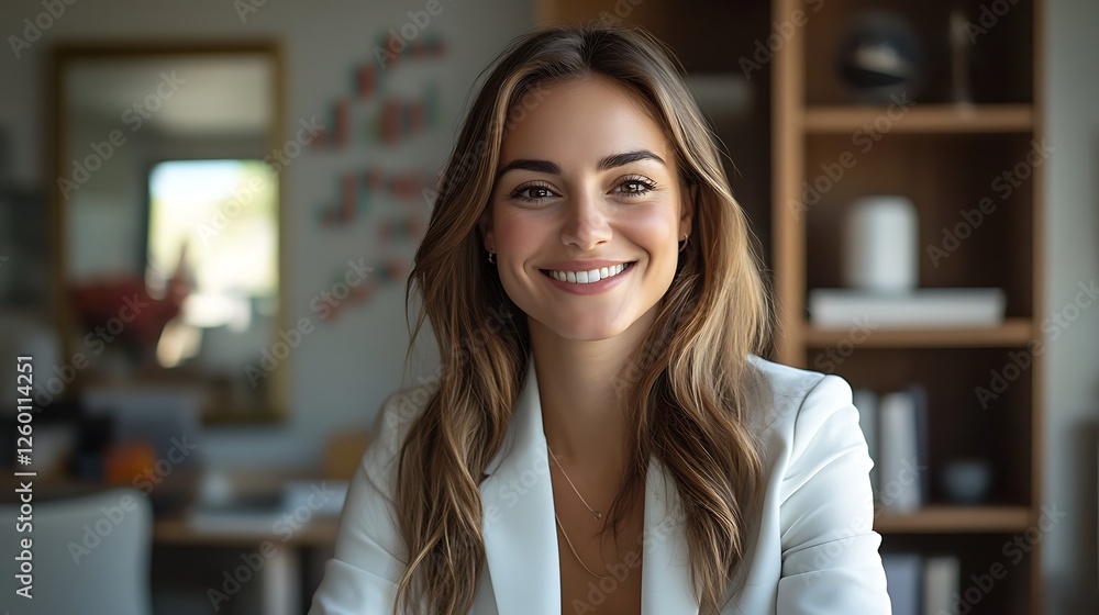 A thriving entrepreneur, elegantly dressed in a white blazer, sitting in a modern home office with a warm smile. Her tablet displays rising stock graphs and business analytics. A thriving entrepreneur, elegantly dressed in a white blazer, sitting in a modern home office with a warm smile. Her tablet displays rising stock graphs and business analytics.