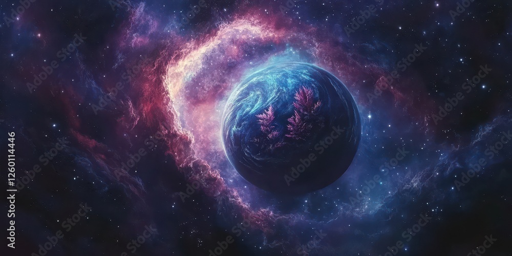 Exoplanet amidst colorful nebula clouds in a dark starfield Exoplanet amidst colorful nebula clouds in a dark starfield
