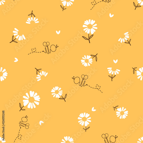 Seamless pattern with daisy chamomile flower and bee cartoons on yellow background vector.