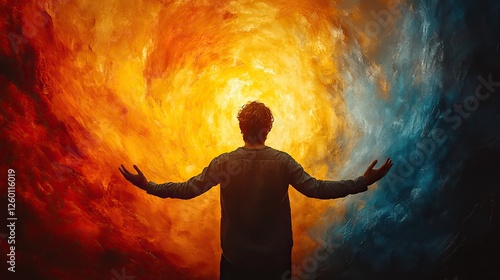 facing my faith silhouette of a man with his hands up against abstract background
