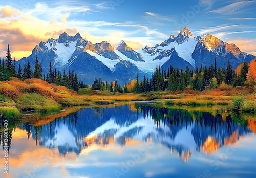 Majestic Snow-Capped Mountains Reflecting on Tranquil Water Under a Vibrant Sky

