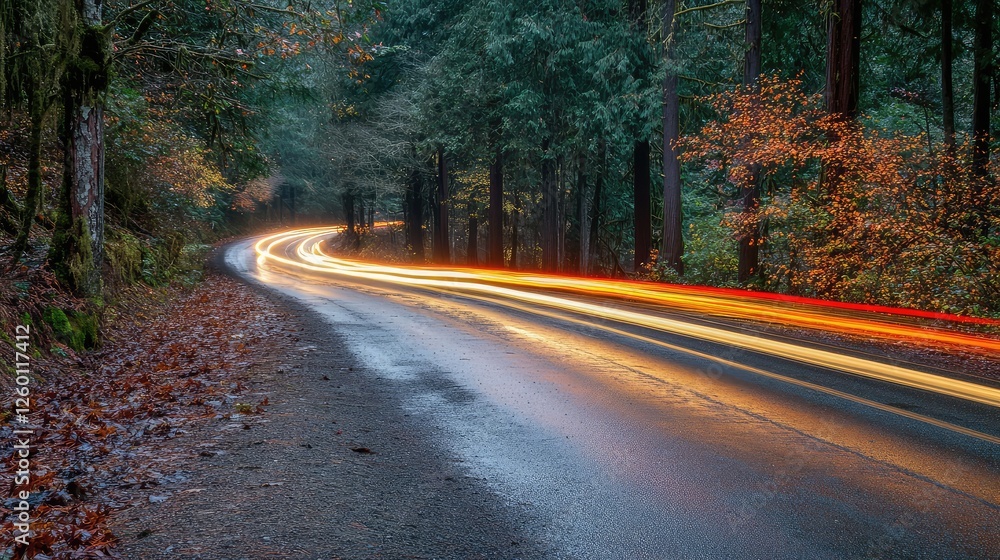 Fototapeta premium A dark and moody rural road illuminated only by the headlights of distant cars in a deep forest setting.