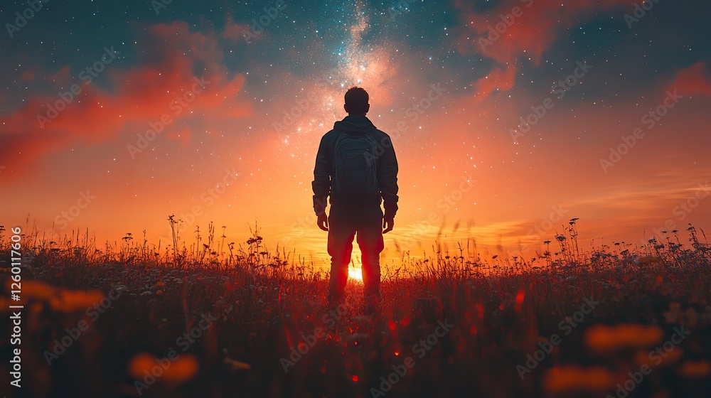 Fototapeta premium facing my faith silhouette of man with starry sky at sunset