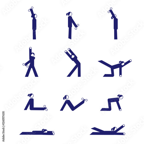 Workout girl set. Woman doing fitness and yoga exercises. Lunges and squats, plank and abc. Full body workout. Eps 10. Vector illustration.