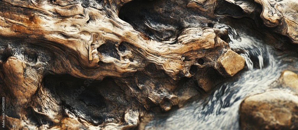 Textured wood and smooth rocks with flowing water in earthy browns and soft grays creating a natural, serene landscape. Textured wood and smooth rocks with flowing water in earthy browns and soft grays creating a natural, serene landscape.