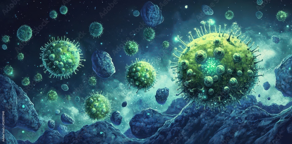 Illustration showing coronavirus cells floating in space among asteroids Illustration showing coronavirus cells floating in space among asteroids